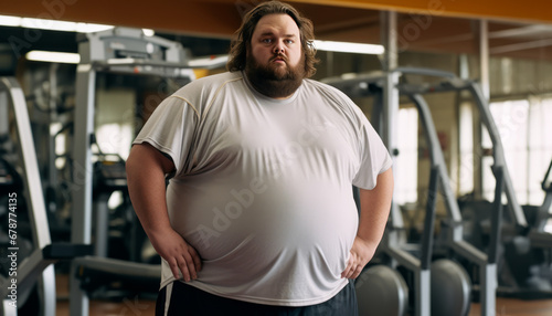 Overweight man in gym  2000-pound character  chubby appearance  fitness journey.