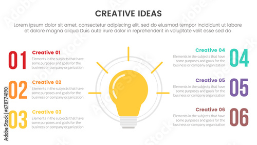 creative idea concept infographic 6 point stage template with lightbulb on center with big number text information for slide presentation
