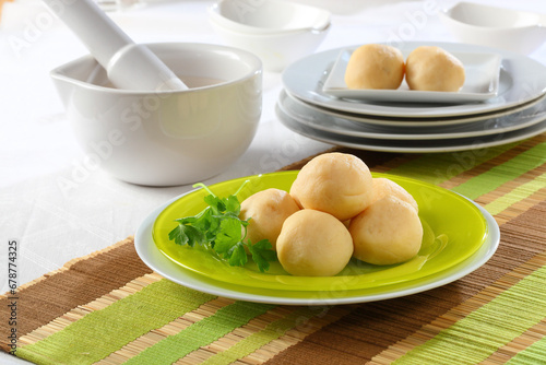 Raw knedliki, made with potato dough and stuffed with mushrooms or meat. Traditional Czech cuisine