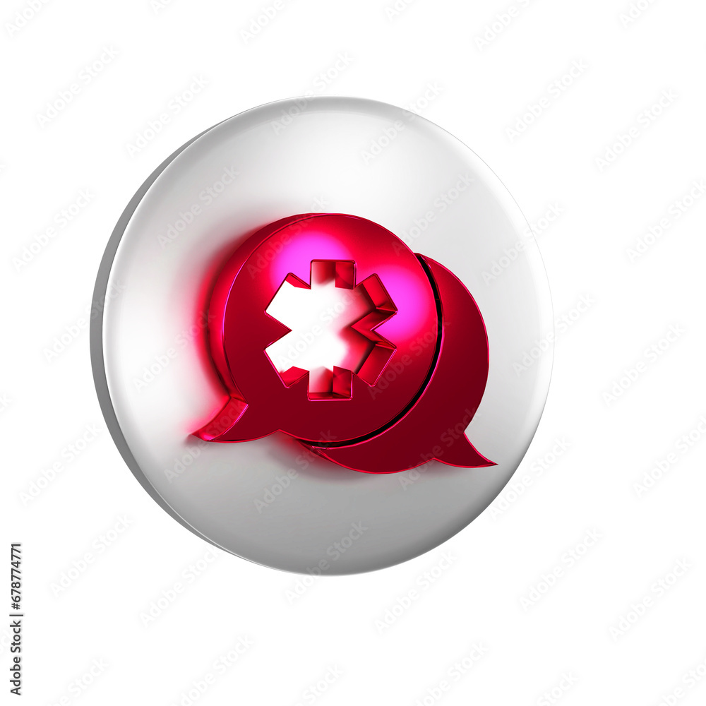 Red Dialogue with the doctor icon isolated on transparent background. Doctor and patient dialog. Consulting about medical health services. Silver circle button. Red Dialogue with the doctor icon isolated on transparent background. Doctor and patient dialog. Consulting about medical health services. Silver circle button.