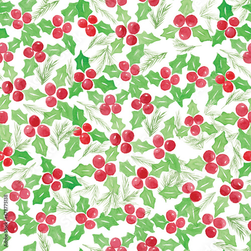 Christmas Holly and Pine Seamless Repeat Pattern