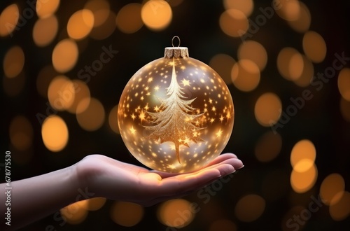 a hand holds a holiday ornament in front of a christmas