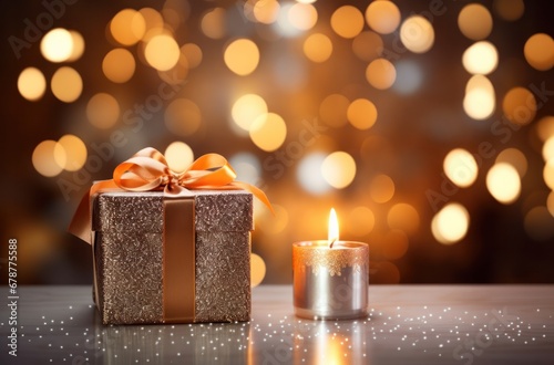 a Christmas presents with candle and ornament on table before a christmas tree