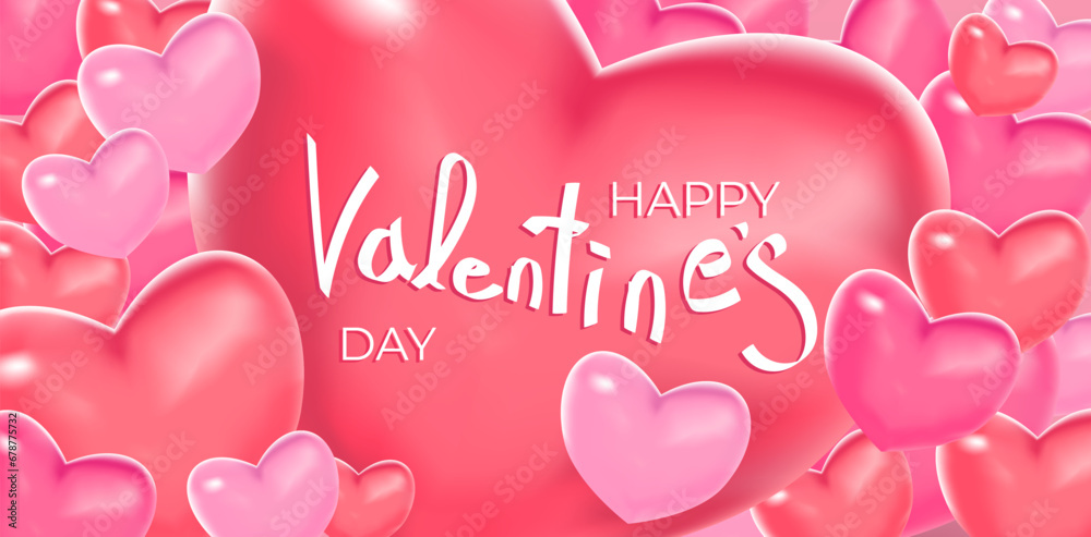 Happy Valentine's day poster or voucher. Beautiful 3d hearts on pink background. Vector illustration. Place for text. Wallpaper, flyers, invitation, brochure, banners. Calligraphy greeting