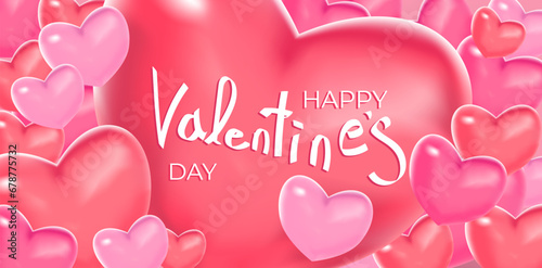 Happy Valentine's day poster or voucher. Beautiful 3d hearts on pink background. Vector illustration. Place for text. Wallpaper, flyers, invitation, brochure, banners. Calligraphy greeting