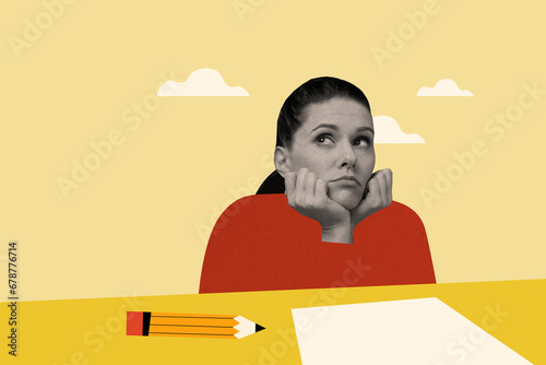 Collage graphics picture of stressed depressed lady having no ideas writing book isolated yellow color background