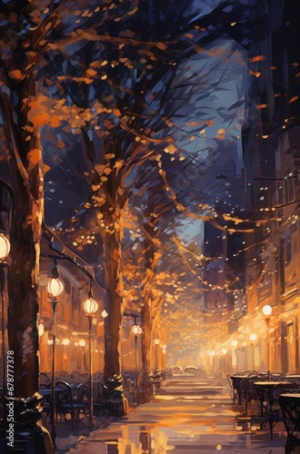 an illustration of a street with lights and trees