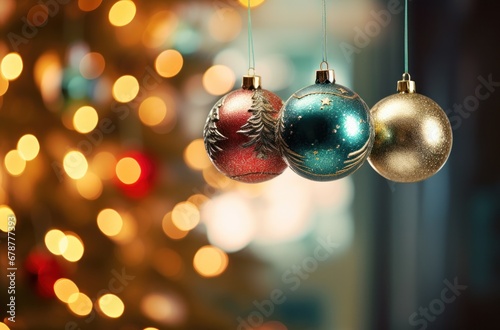 photo of christmas decorations hung on tree with bokeh light effect