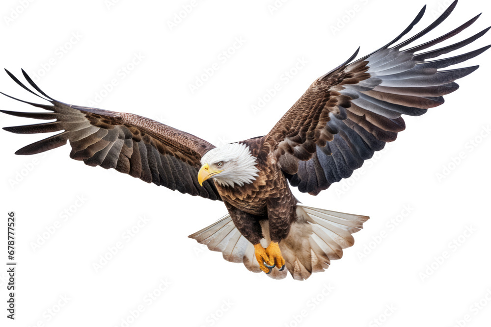 Fototapeta premium Bald eagle in flight on transparent background,generative ai