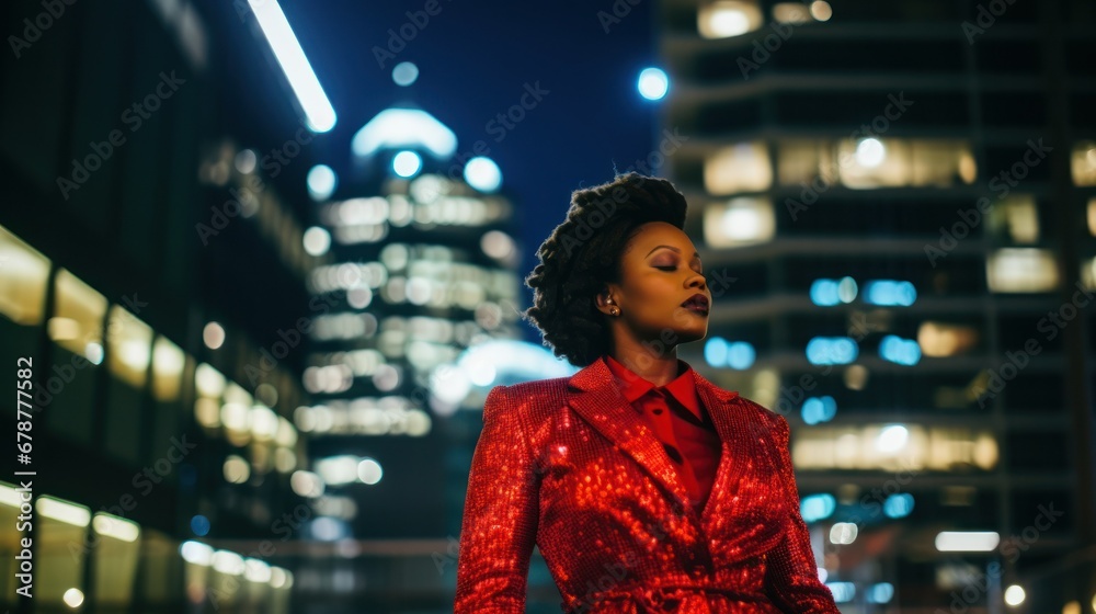A captivating African young woman stands in front of a window at night, her beauty illuminated by the darkness.