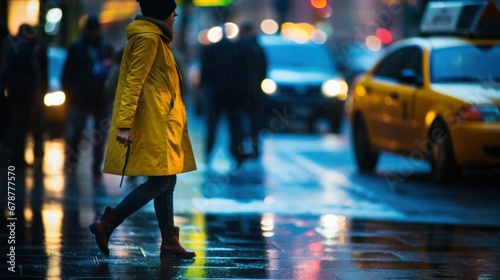 Young woman in yellow raincoat walking down the street