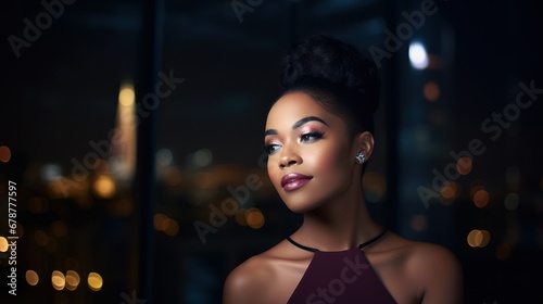 A captivating African young woman stands in front of a window at night, her beauty illuminated by the darkness.