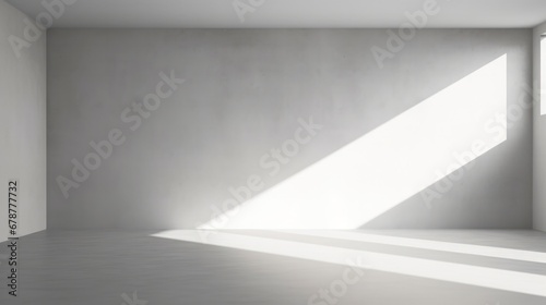 abstract. minimalistic background for product presentation. walls in large empty room greyish white. can full of sunlight. Loft wall or minimalist wall. Shadow, light from windows to plaster wall..
