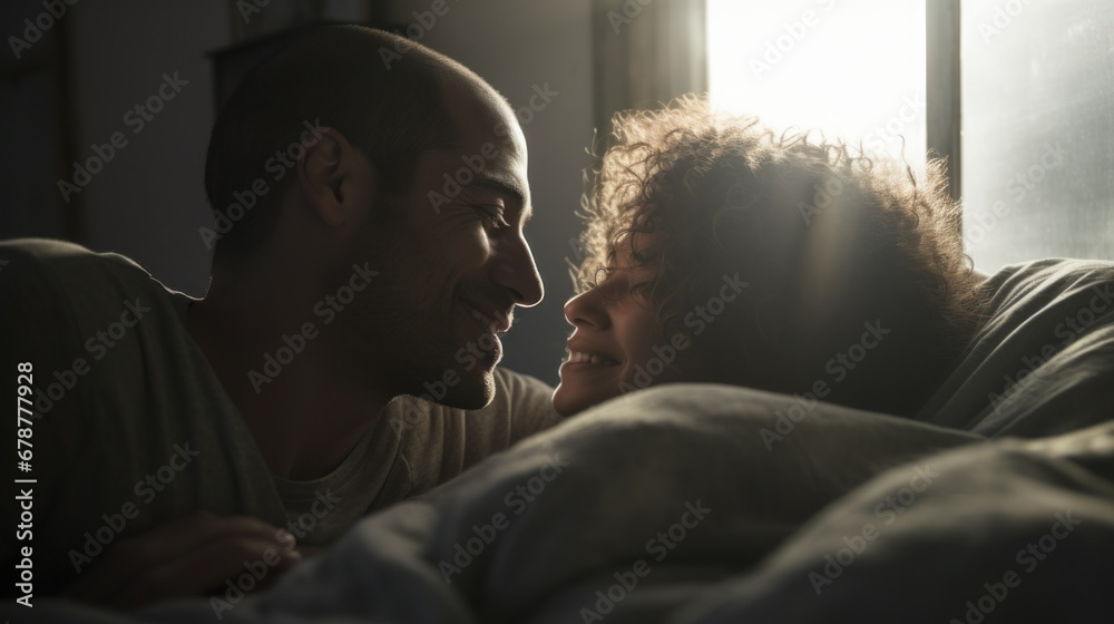 Fototapeta premium Smiling couple enjoying each other's company on a couch.