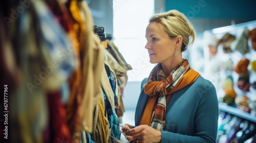 Woman browsing clothes in store. photo