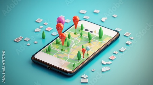 Wallpaper Mural Smartphone with map, 3D Map pins, GPS, navigator pin checking points, 3D World Map icon, technology and application mobile smart phone with mobile, delivery tracking, transportation, generate by AI Torontodigital.ca