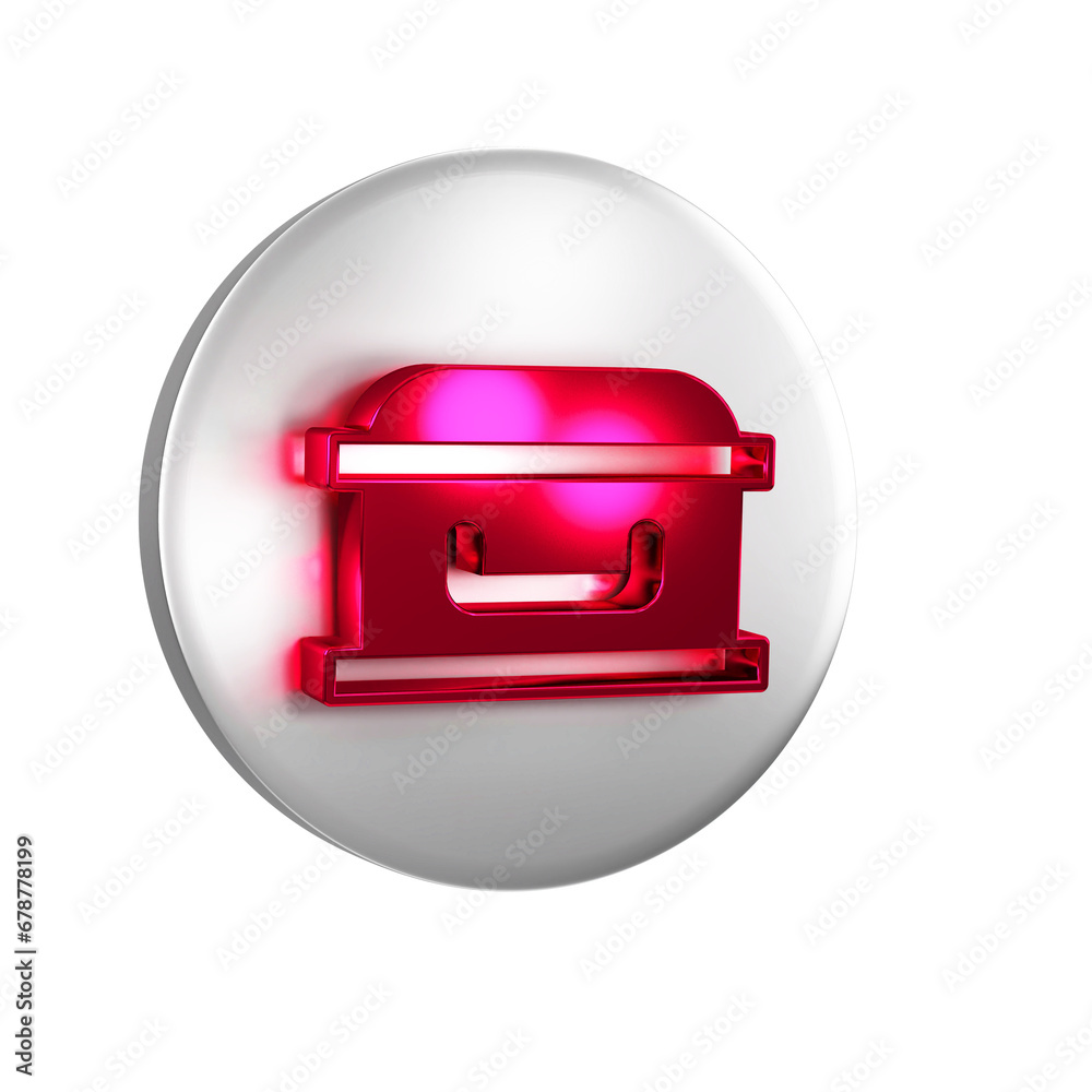 Red Coffin with christian cross icon isolated on transparent background. Happy Halloween party. Silver circle button. Red Coffin with christian cross icon isolated on transparent background. Happy Halloween party. Silver circle button.
