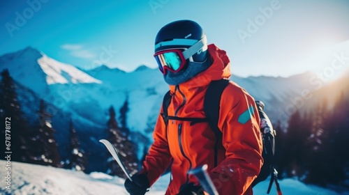 A skier man in the snow at a ski resort photo