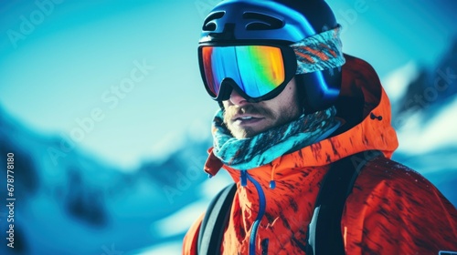 A skier man in the snow at a ski resort