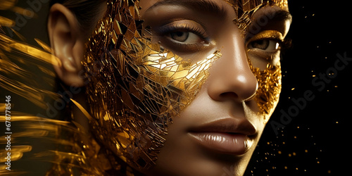 Woman face on golden glitter background copy space horizontal copy space.