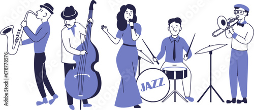 A jazz band performs on stage. Illustration of a jazz concert.