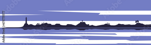 Landscape of a cape with a lighthouse. Coastline illustration.