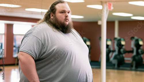Overweight man in gym, 2000-pound character, chubby appearance, fitness journey.,generative ai
