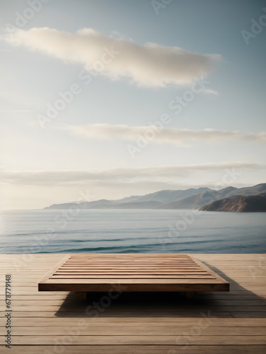 A wooden display platform on a seamless wooden floor, set amidst rolling mountains and a vast expanse of the sea, offering a stunning backdrop for products.