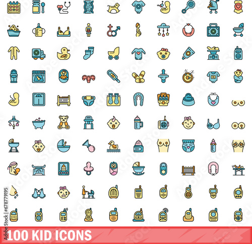 100 kid icons set. Color line set of kid vector icons thin line color flat on white
