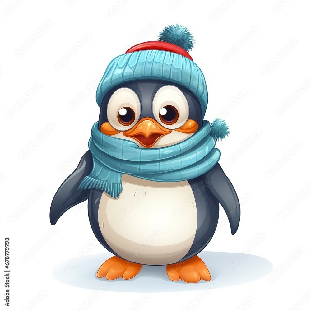 Obraz premium Cute Christmas penguin character. Cartoon penguin with warm hat and scarf. Created with Generative AI technology 