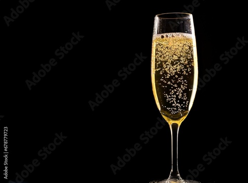 Bubbly champagne glass isolated on black background, with copy space, New Year Concept