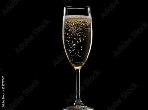 Bubbly champagne glass closeup isolated on black background