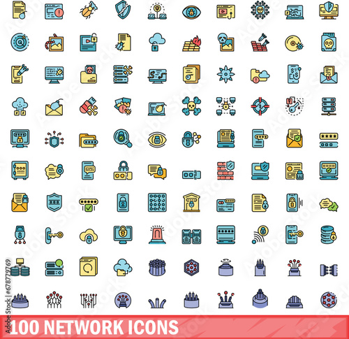 100 network icons set. Color line set of network vector icons thin line color flat on white © ylivdesign