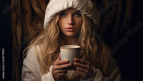 Mujer nordica de pelo largo rubio con gorro de lana y jersey beige, sosteniendo una taza de cafe caliente  en sus manos sobre un fondo oscuro . concepto de ocio, relax photo