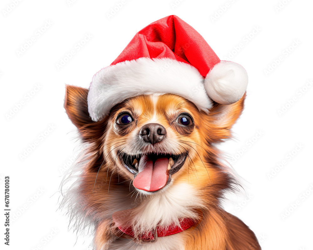 Isolated happy dog wearing santa claus hat on white