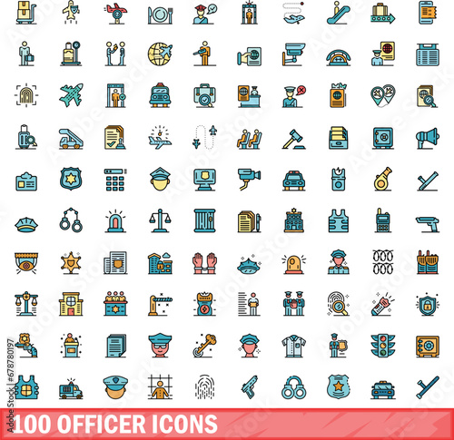 100 officer icons set. Color line set of officer vector icons thin line color flat on white