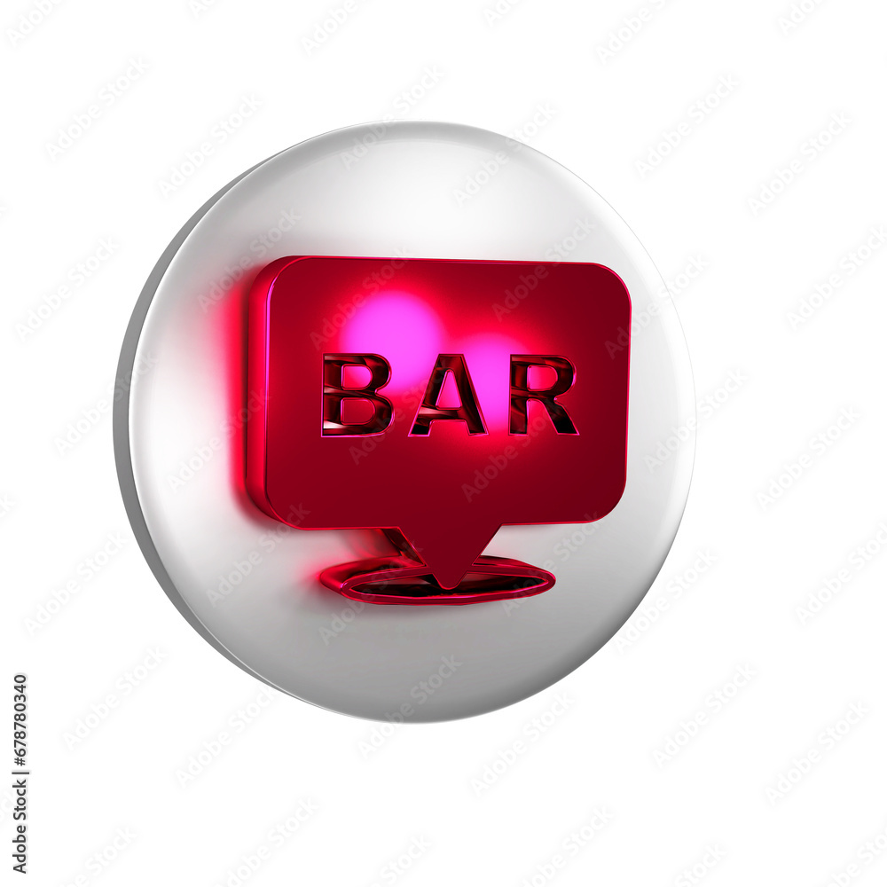 Red Alcohol or beer bar location icon isolated on transparent background. Symbol of drinking, pub, club, bar. Silver circle button. Red Alcohol or beer bar location icon isolated on transparent background. Symbol of drinking, pub, club, bar. Silver circle button.