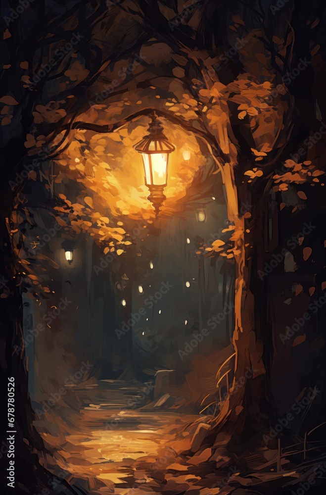 a painting of a scene with a street lamp lit up in the dark