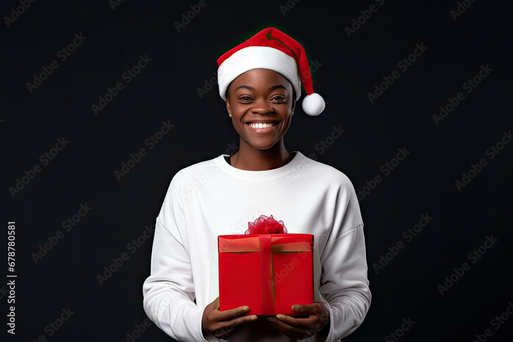 A happy woman in a red Santa hat holds a Christmas gift, radiating beauty and festive cheer. A happy woman in a red Santa hat holds a Christmas gift, radiating beauty and festive cheer.
