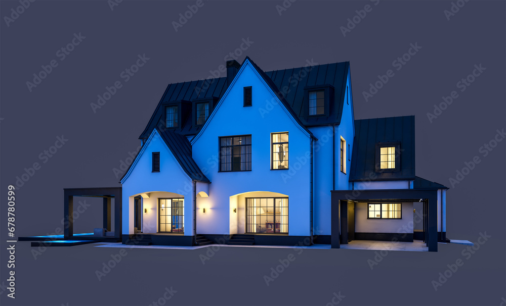 3d rendering of cute cozy white and black modern Tudor style house with parking and pool for sale or rent with beautiful landscaping. Fairy roofs. In the night Isolated on black 3d rendering of cute cozy white and black modern Tudor style house with parking and pool for sale or rent with beautiful landscaping. Fairy roofs. In the night Isolated on black