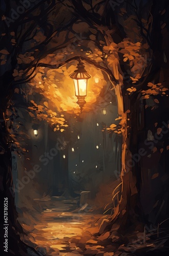 a painting of a scene with a street lamp lit up in the dark