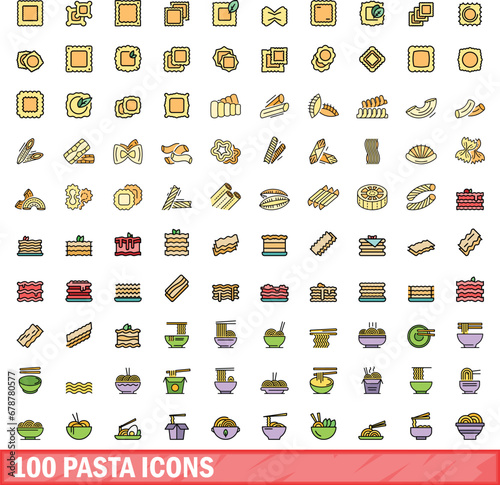 100 pasta icons set. Color line set of pasta vector icons thin line color flat on white