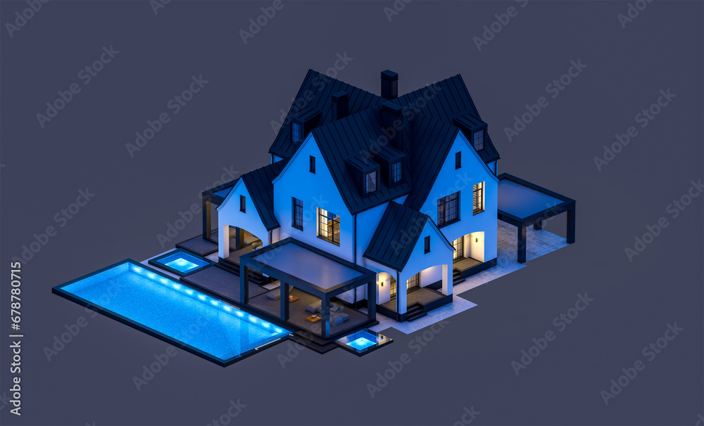 3d rendering of cute cozy white and black modern Tudor style house with parking  and pool for sale or rent with beautiful landscaping. Fairy roofs. In the night  Isolated on black