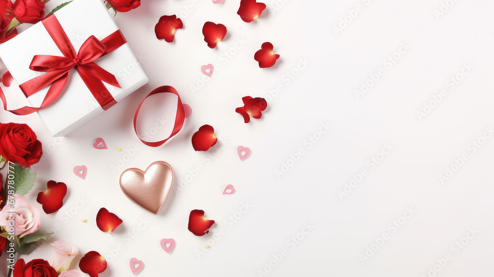 Top view image featuring an heart gift box, ribbon, and roses on a white background. Perfect for conveying emotions on special occasions. Space for text.