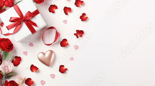 Top view image featuring an heart gift box, ribbon, and roses on a white background. Perfect for conveying emotions on special occasions. Space for text. © Mongkol