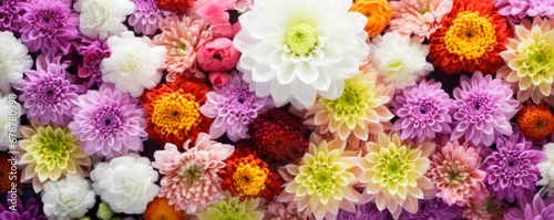 Very close up of various colored flowers.