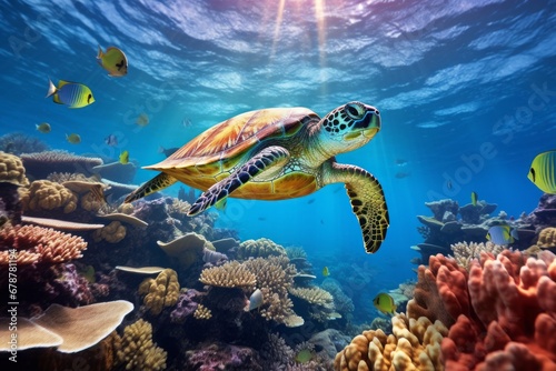 A sea turtle embarking on its journey through the sunlit abyss of the deep blue ocean, surrounded by schools of fish and coral structures © DK_2020