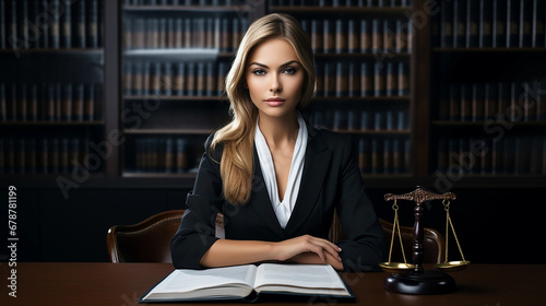 Portrait of a young female lawyer smiling and happy at her workplace in the office. Lawyer technologist and professional face, female lawyer and legal consultant in a law firm. © Lui Shtein