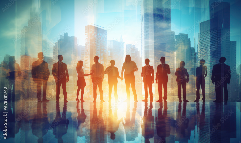 Double exposure image of many business people together in group on background of city view with office building