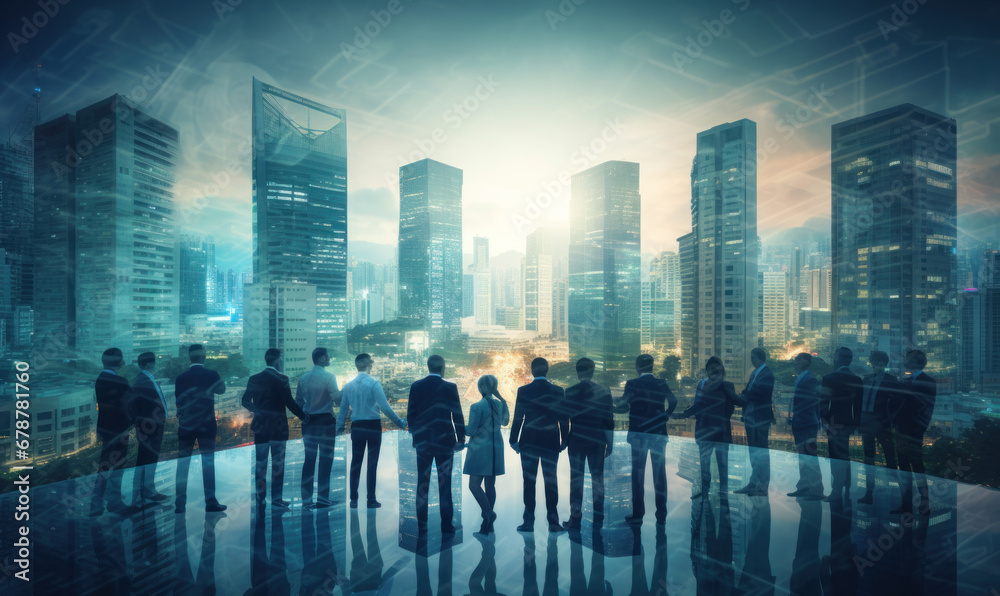 Double exposure image of many business people together in group on background of city view with office building